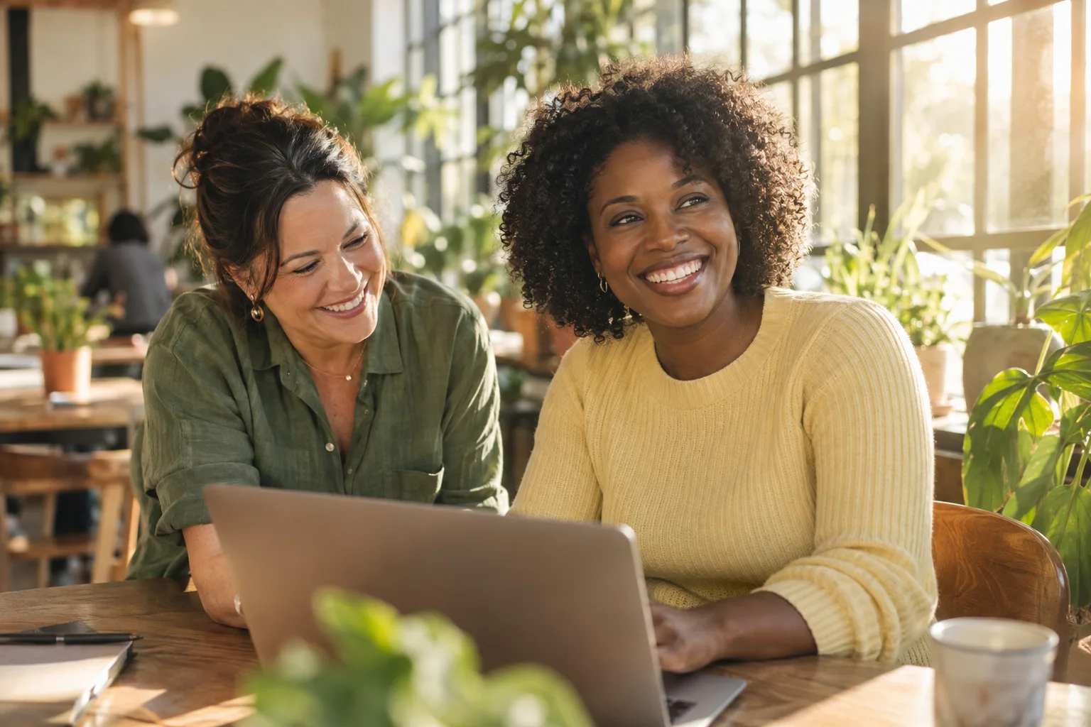 AI-generated illustration of two women in a sunlit workspace
